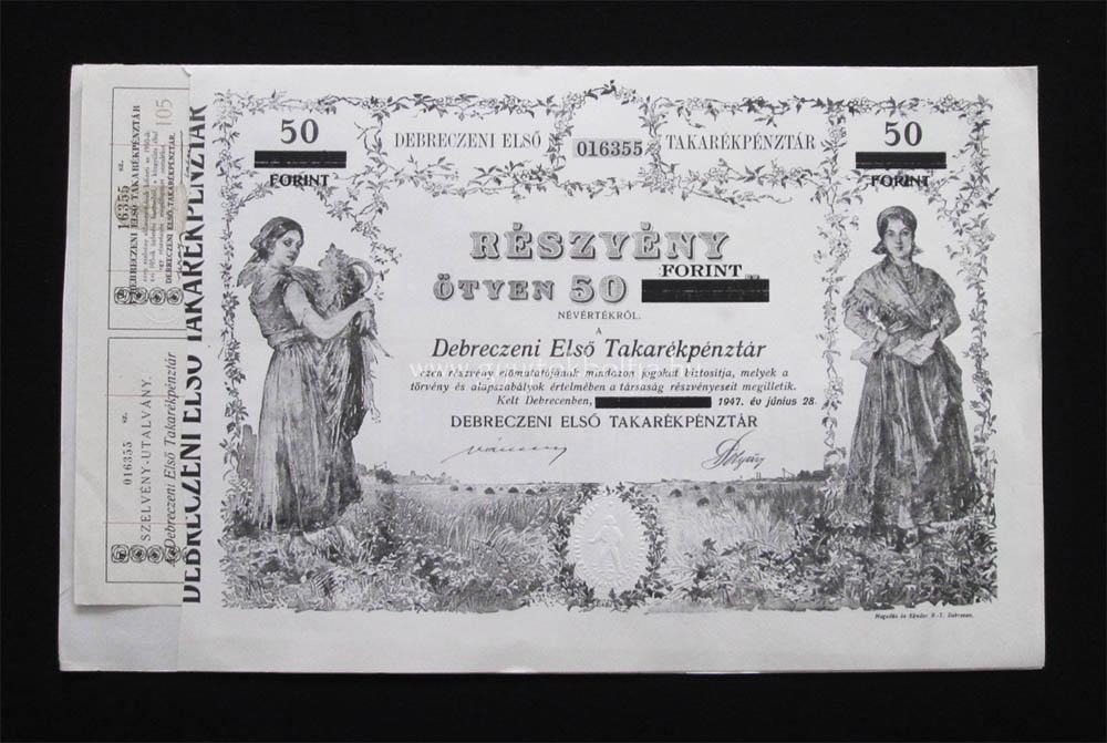 Debreceni Elsõ Takarékpénztár részvény 50 forint 1947